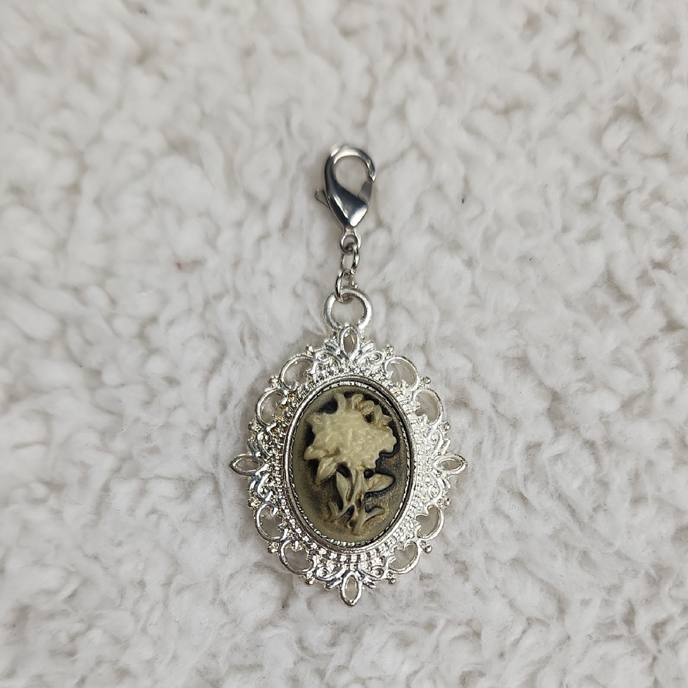 Floral Cameo Zipper Pull Charm Pendant Silver Brown